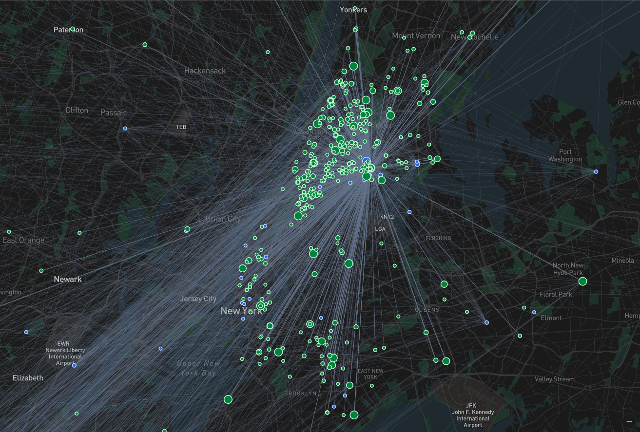 Map showing food distribution flowing from Hunts Point out to organizations across the five boroughs of New York City